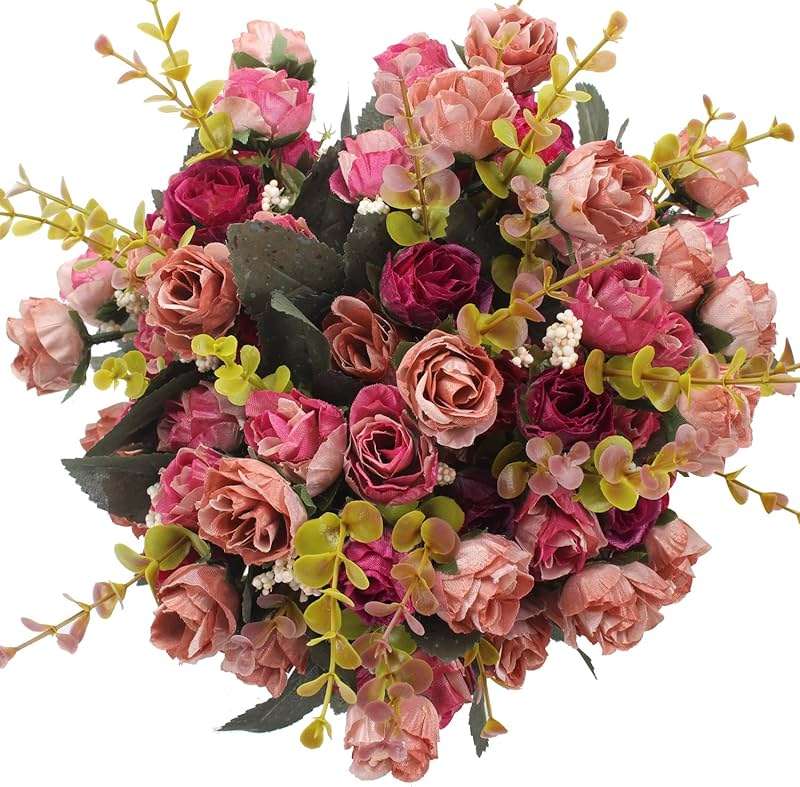 Duovlo 7 Branch 21 Mini Rose Heads Artificial Flowers Bouquet Wedding Home Office Decor,Pack of 4 (Rose Red) - Image 1