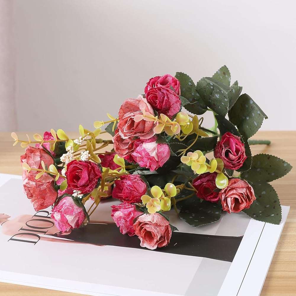 Duovlo 7 Branch 21 Mini Rose Heads Artificial Flowers Bouquet Wedding Home Office Decor,Pack of 4 (Rose Red) - Image 2