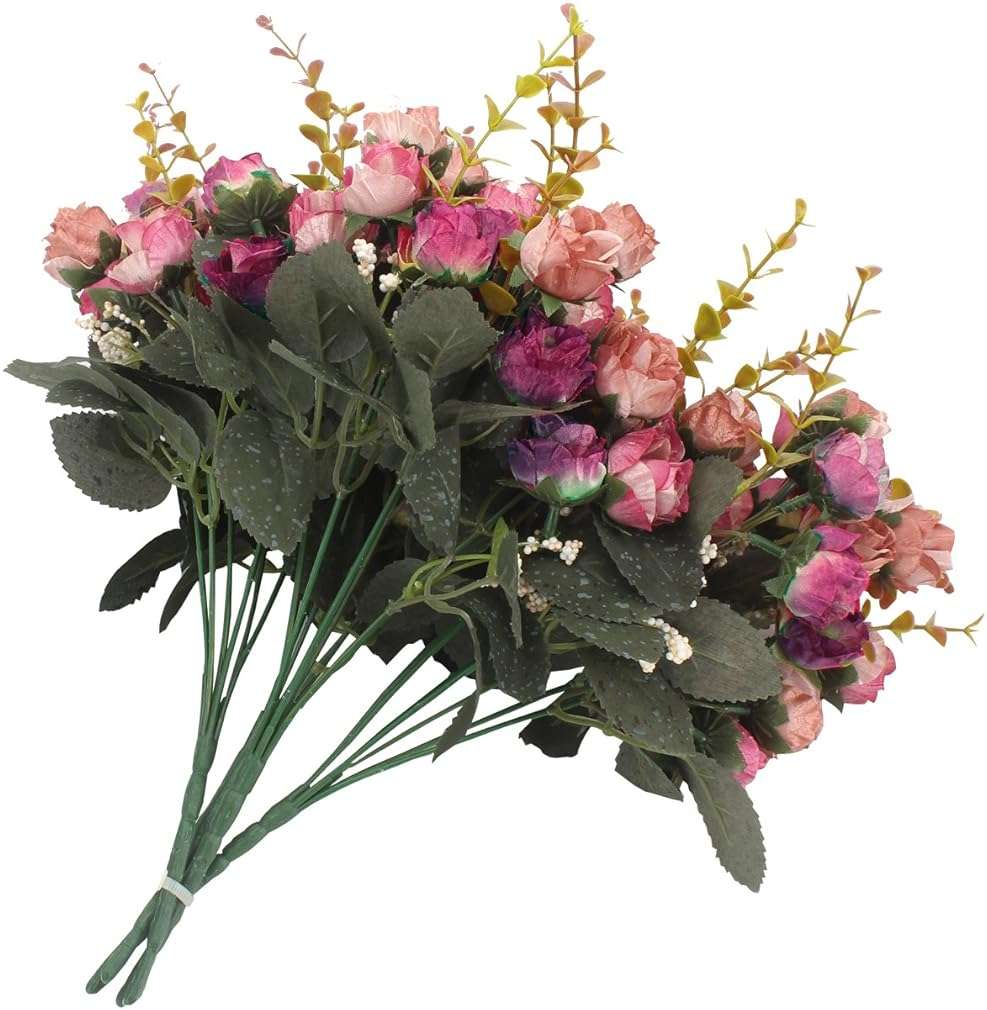Duovlo 7 Branch 21 Mini Rose Heads Artificial Flowers Bouquet Wedding Home Office Decor,Pack of 4 (Rose Red) - Image 4