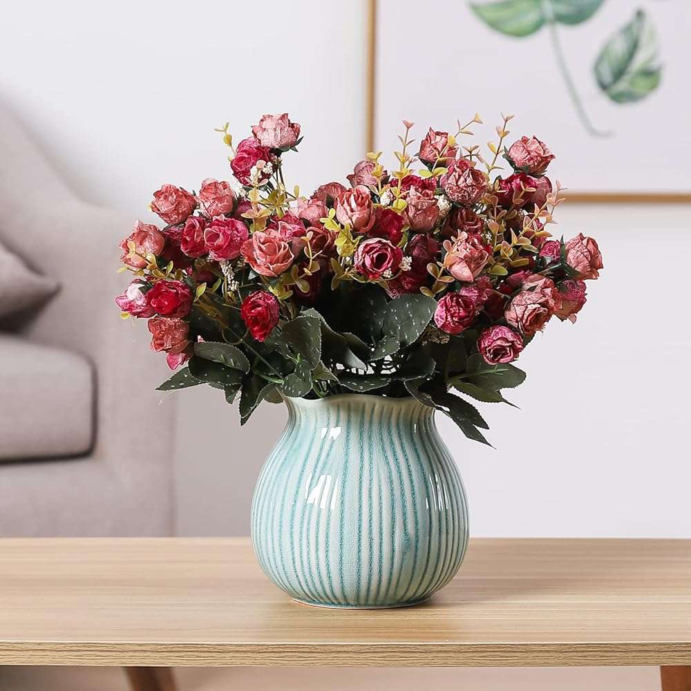 Duovlo 7 Branch 21 Mini Rose Heads Artificial Flowers Bouquet Wedding Home Office Decor,Pack of 4 (Rose Red) - Image 5
