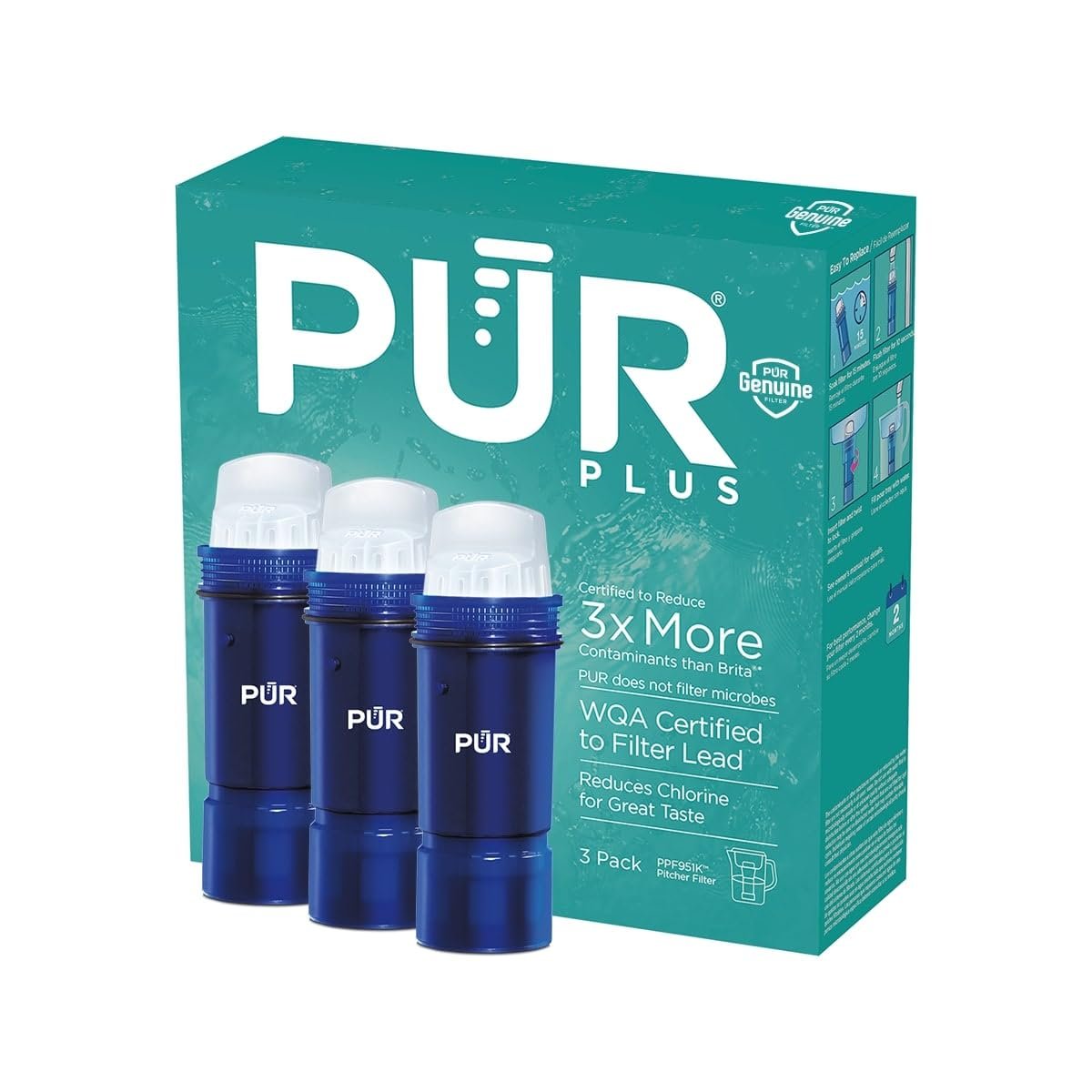 PUR Plus Water Filter Replacement for Pitchers & Dispensers, 6-Month Supply, 3 Count, Blue (PPF951K3) - Product Image