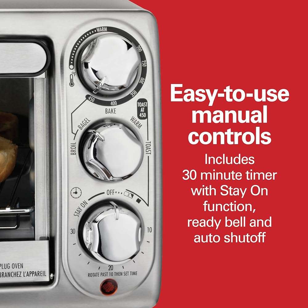 Hamilton Beach 4-Slice Toaster Oven with 5 Cooking Modes (Bake, Broil, Keep Warm Toast & Bagel) with Stay On & Auto Shutoff, 2 Rack Positions, 1100 Watts and 3 Accessories, Stainless Steel (31143) - Image 5