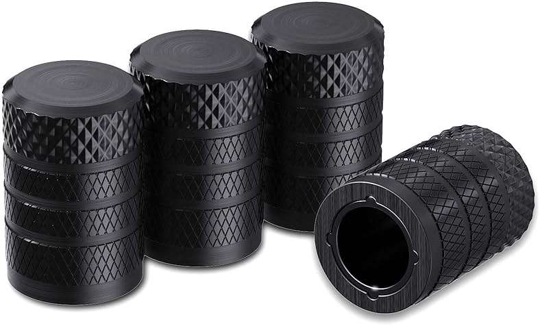 CKAuto Tire Valve Stem Caps, Black, 4 pcs/Pack, Anodized Aluminum Tire Valve Cap Set, Corrosion Resistant, Universal Stem Covers for Cars Trucks Motorcycles SUVs and Bikes - Image 1