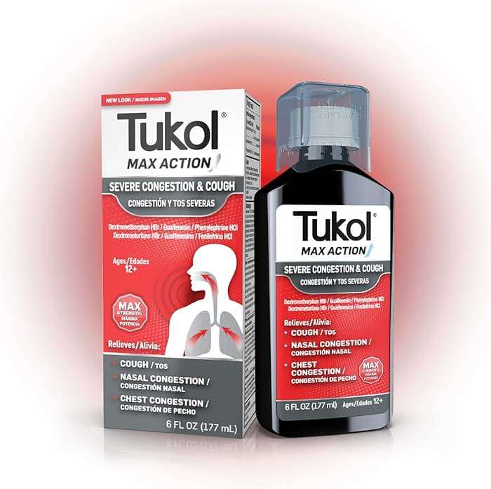 TUKOL Max Action Severe Congestion & Cough Medicine for Adults – Expectorant Cough Syrup, DM Cough Syrup, Dry Cough Cold and Sore Throat Medicine, Chest Decongestant,12+ Years, 6 Fl Oz - Image 1