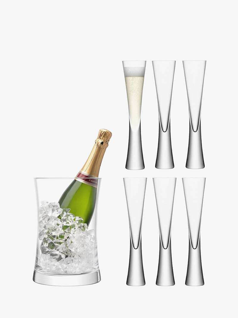 LSA International Moya Champagne Serving Ice Bucket and Flutes 6 oz, Set of 7, Luxury Elegant Curved Mouth Blown Glassware - Image 1