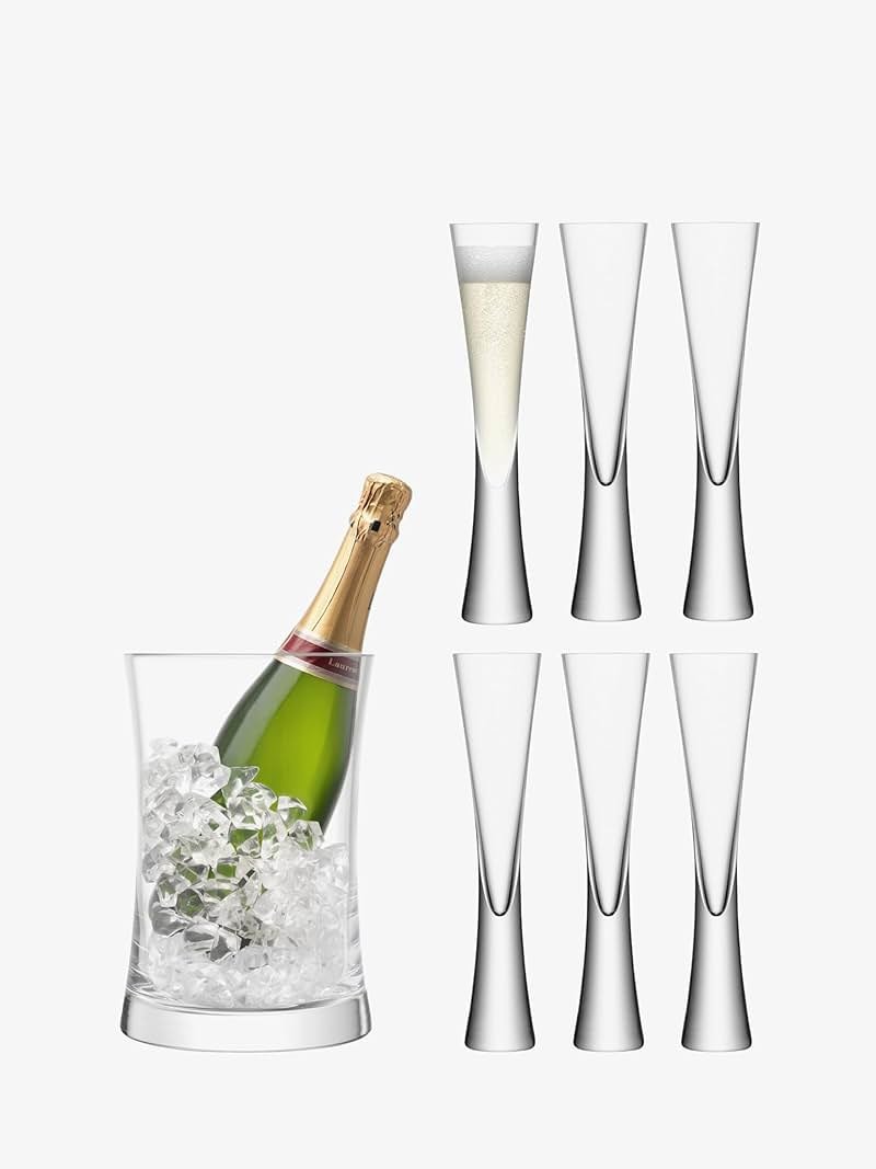 LSA International Moya Champagne Serving Ice Bucket and Flutes 6 oz, Set of 7, Luxury Elegant Curved Mouth Blown Glassware - Product Image