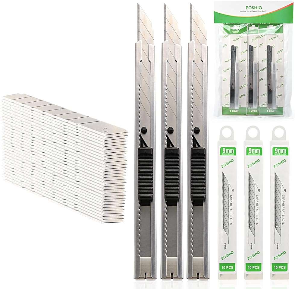 FOSHIO Utility knife Retractable with 30 Degree Snap Off Blade 9MM Box Cutter Knife, Office Vinyl and Paper Cutting Craft Knives, Pack of 3 - Image 1
