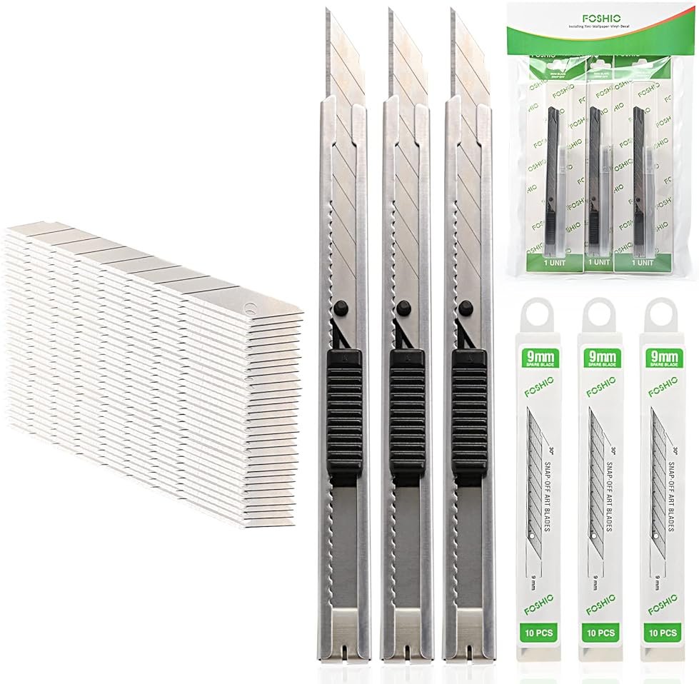 FOSHIO Utility knife Retractable with 30 Degree Snap Off Blade 9MM Box Cutter Knife, Office Vinyl and Paper Cutting Craft Knives, Pack of 3 - Product Image