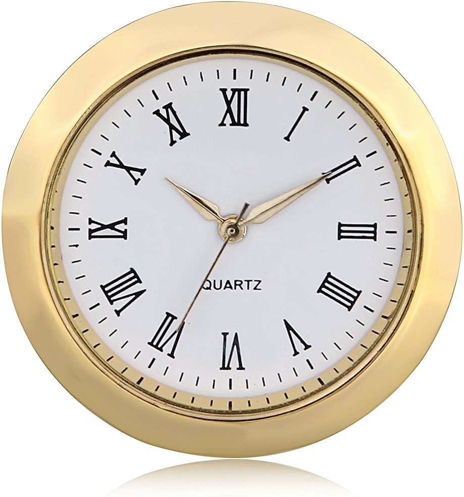ShoppeWatch Mini Clock Insert 1 7/16" (35mm) Quartz Movement | Miniature Clock Face Insert | Small Round Fit Up White Dial Gold Tone Bezel Roman Numerals CK096GD - Product Image