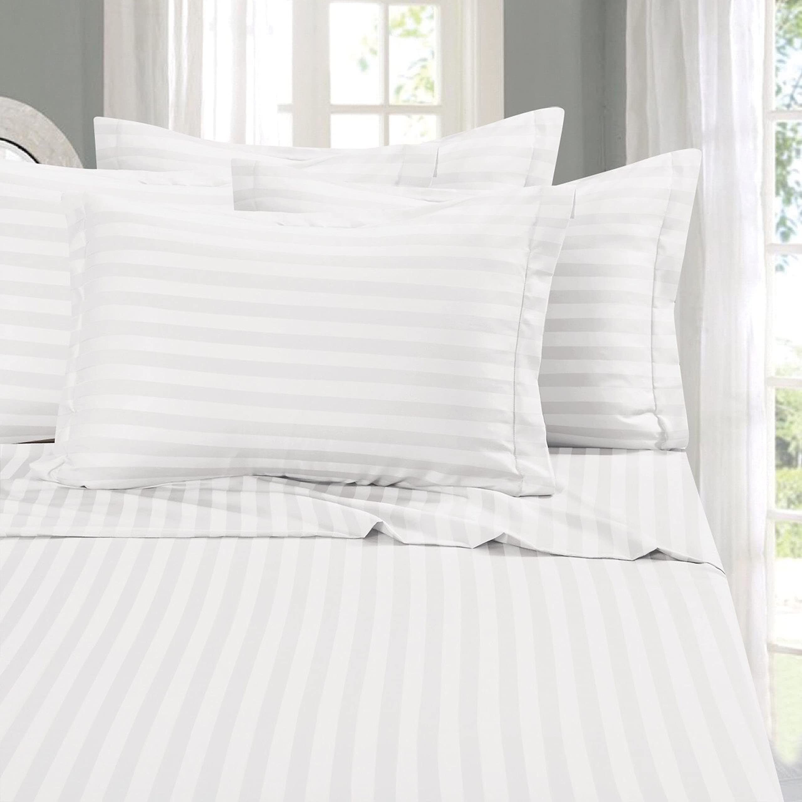 Elegant Comfort Best, Softest, Coziest 6-Piece Sheet Sets! - 1500 Premier Hotel Quality Luxurious Wrinkle Resistant 6-Piece Damask Stripe Bed Sheet Set, Queen White - Product Image