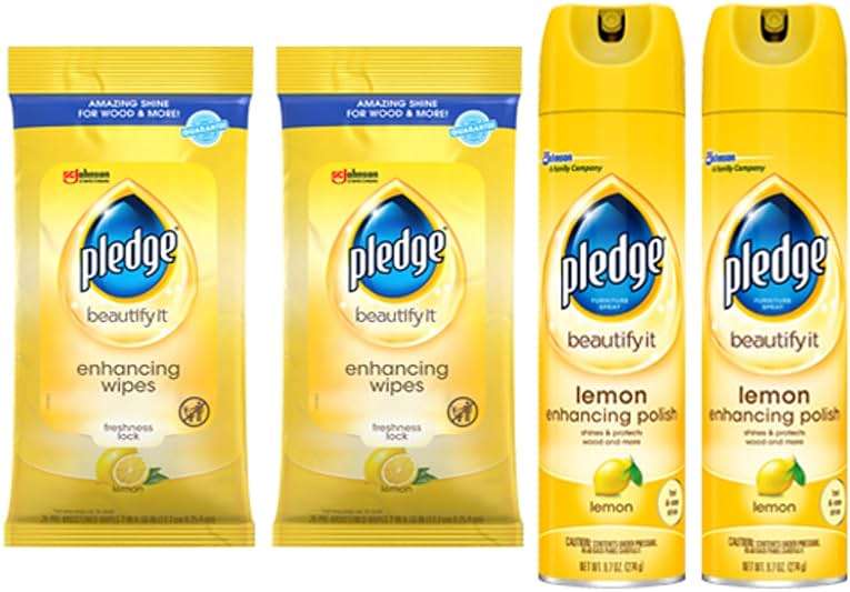 Pledge Multi-Surface Cleaner Spray and Wipes Bundle, Works on Leather, Granite, Wood, Lemon Scent (2 Count of 9.7 oz Cans, and 2 Pack of 24 Wipes) - Image 1