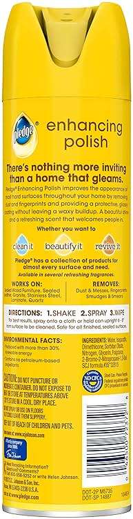 Pledge Multi-Surface Cleaner Spray and Wipes Bundle, Works on Leather, Granite, Wood, Lemon Scent (2 Count of 9.7 oz Cans, and 2 Pack of 24 Wipes) - Image 3