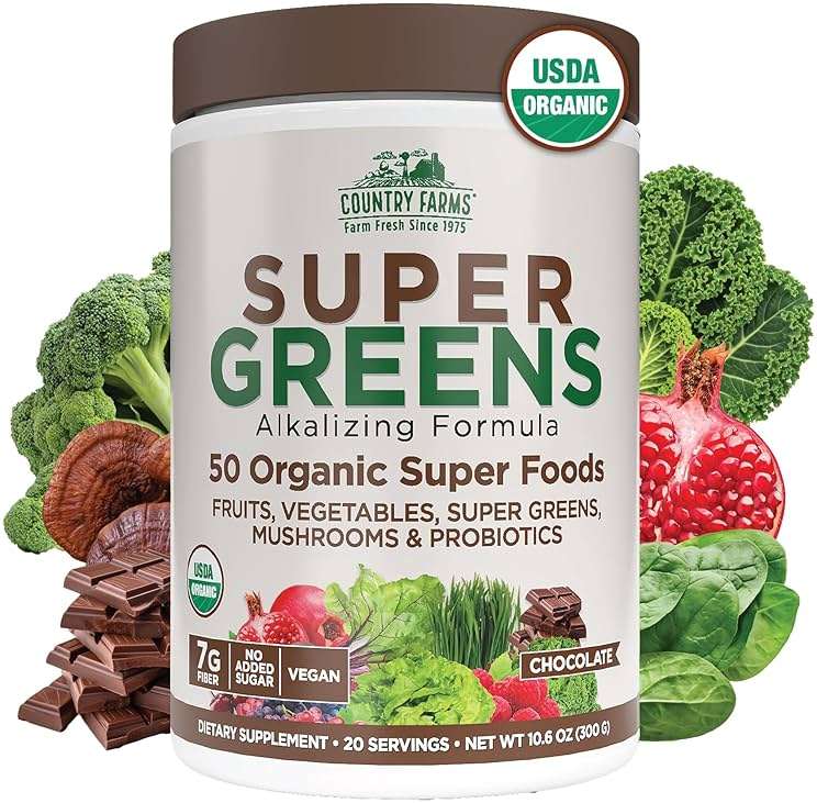 Country Farms Organic Super Greens Powder, Daily Greens Drink Mix with 50 Organic Superfoods, Fruits, Vegetables, Fiber, Mushrooms & Probiotics for Gut Health, Digestion & Energy, Chocolate Flavor - Image 1