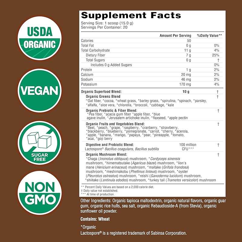 Country Farms Organic Super Greens Powder, Daily Greens Drink Mix with 50 Organic Superfoods, Fruits, Vegetables, Fiber, Mushrooms & Probiotics for Gut Health, Digestion & Energy, Chocolate Flavor - Image 2