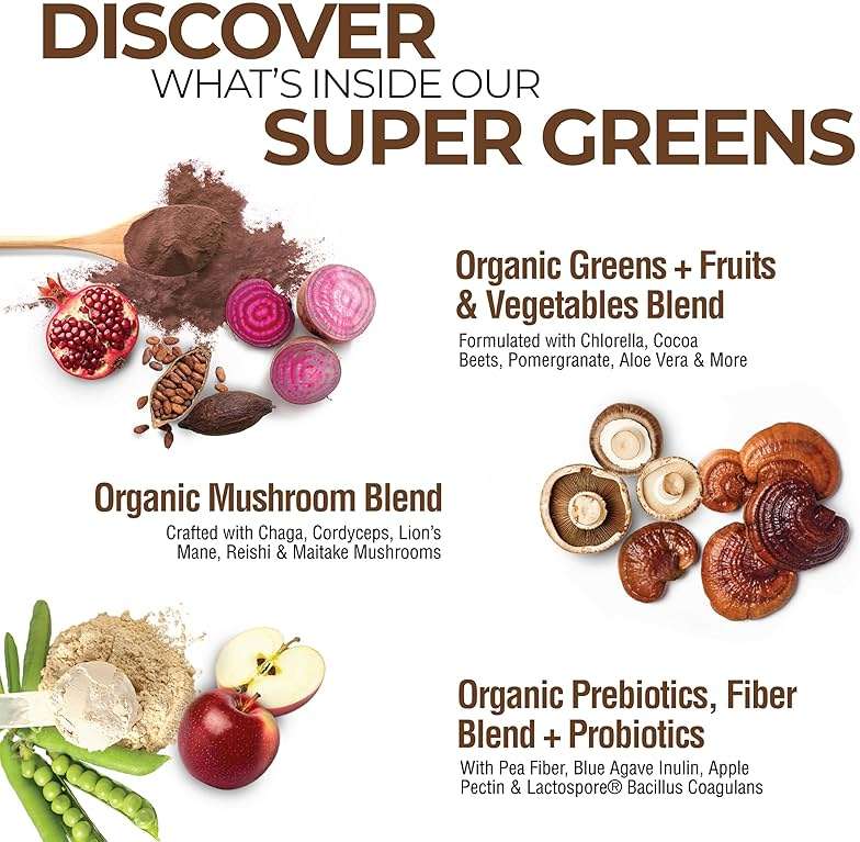 Country Farms Organic Super Greens Powder, Daily Greens Drink Mix with 50 Organic Superfoods, Fruits, Vegetables, Fiber, Mushrooms & Probiotics for Gut Health, Digestion & Energy, Chocolate Flavor - Image 3