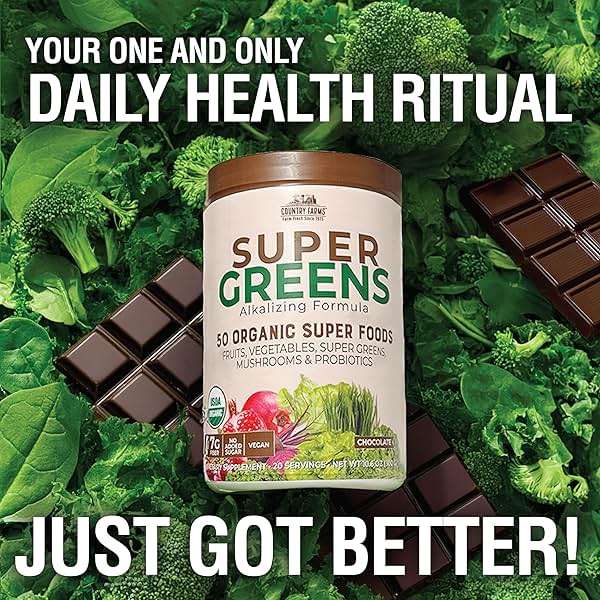 Country Farms Organic Super Greens Powder, Daily Greens Drink Mix with 50 Organic Superfoods, Fruits, Vegetables, Fiber, Mushrooms & Probiotics for Gut Health, Digestion & Energy, Chocolate Flavor - Image 5
