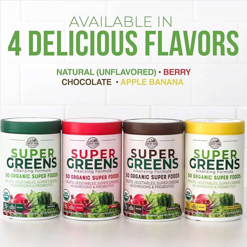 Country Farms Organic Super Greens Powder, Daily Greens Drink Mix with 50 Organic Superfoods, Fruits, Vegetables, Fiber, Mushrooms & Probiotics for Gut Health, Digestion & Energy, Chocolate Flavor - Image 6