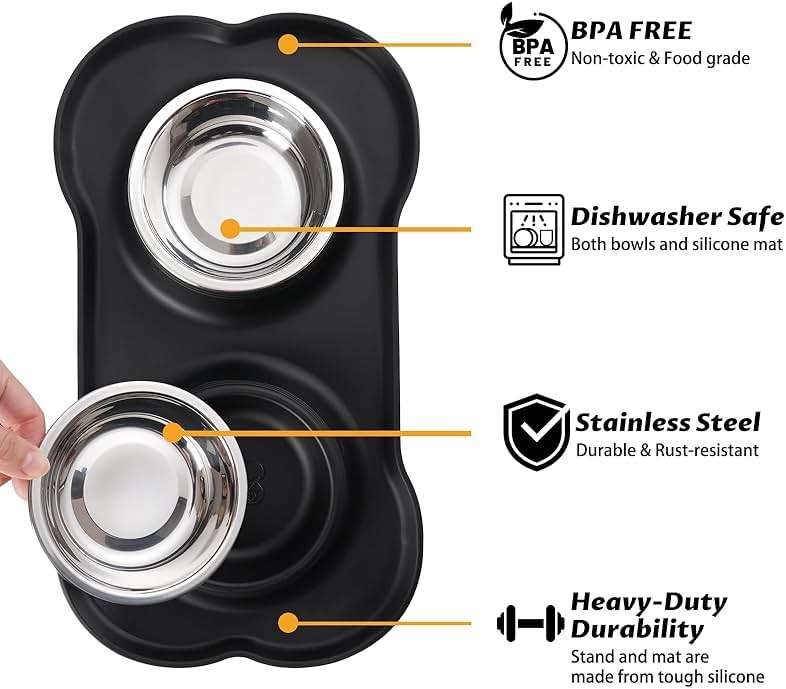 Hubulk Pet Dog Bowls 2 Stainless Steel Dog Bowl with No Spill Non-Skid Silicone Mat + Pet Food Scoop Water and Food Feeder Bowls for Feeding Small Medium Large Dogs Cats Puppies (S, Black) - Image 2