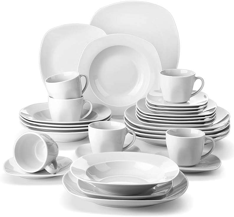 MALACASA 30 Piece Porcelain Dinnerware Set, Grey White Dish Set for 6, Square Ceramic Dishware Sets, Chip and Scratch Resistant Plates and Bowls Sets, Cups and Saucers, Series ELISA - Image 1
