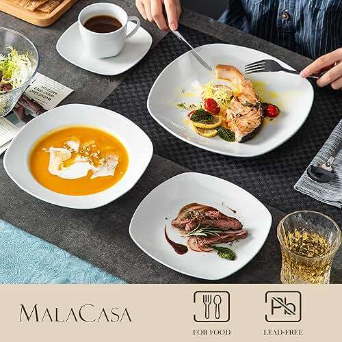 MALACASA 30 Piece Porcelain Dinnerware Set, Grey White Dish Set for 6, Square Ceramic Dishware Sets, Chip and Scratch Resistant Plates and Bowls Sets, Cups and Saucers, Series ELISA - Image 2