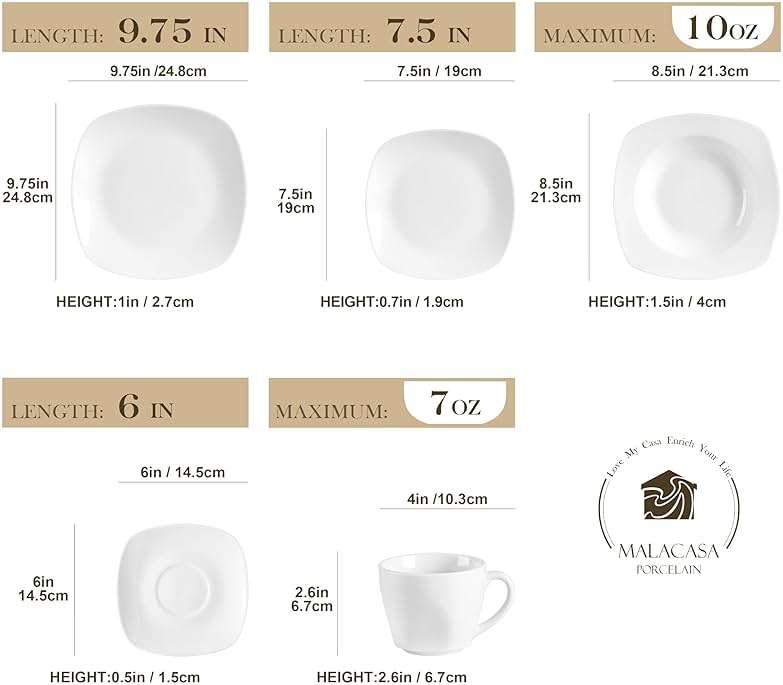 MALACASA 30 Piece Porcelain Dinnerware Set, Grey White Dish Set for 6, Square Ceramic Dishware Sets, Chip and Scratch Resistant Plates and Bowls Sets, Cups and Saucers, Series ELISA - Image 3