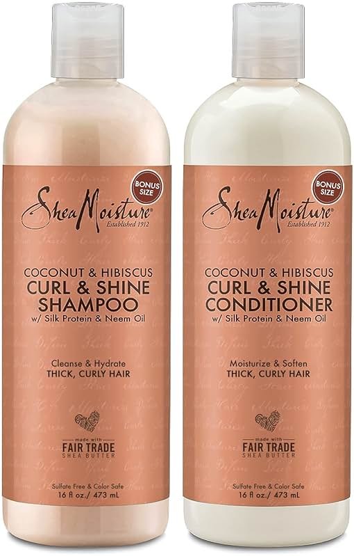 SheaMoisture Coconut & Hibiscus Curl & Shine Shampoo & Conditioner for Bouncy Curls, Frizz Control, 16 Oz Ea - Product Image