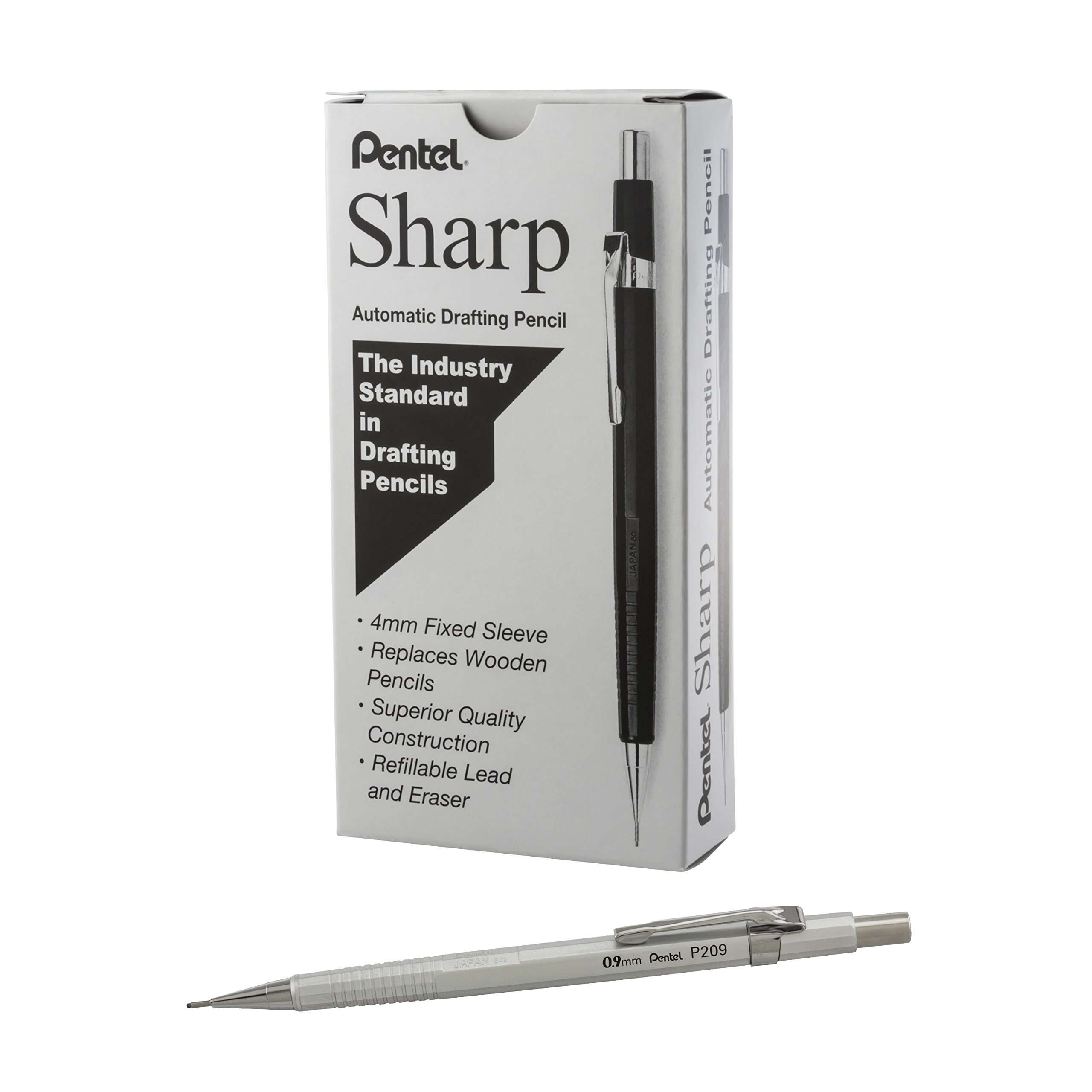 Pentel Sharp Mechanical Pencil, (0.9mm), Metallic Silver Barrel, Box of 12 (P209Z) - Image 1