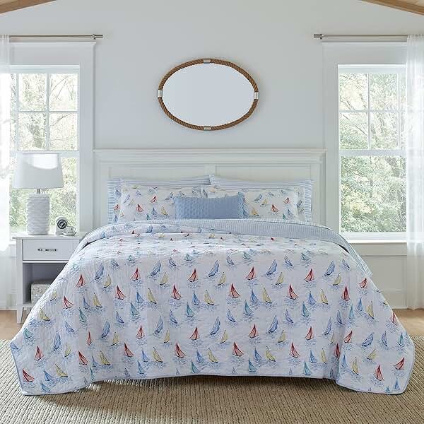 Laura Ashley - King Quilt Set, Cotton Reversible Bedding with Matching Shams, Home Decor Ideal for All Seasons (Ahoy Blue, King) - Product Image