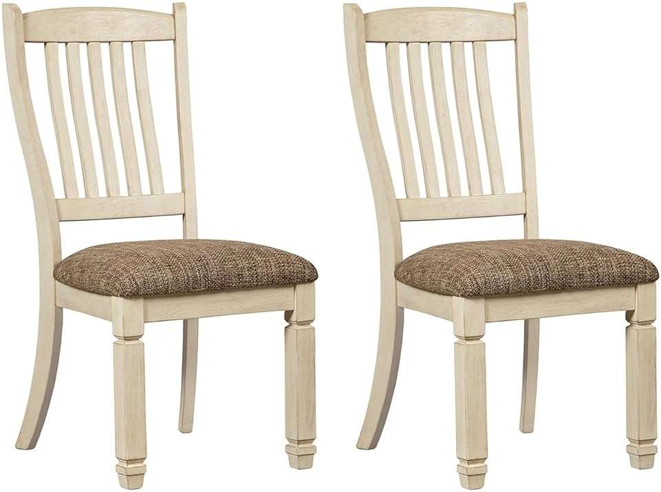 Signature Design by Ashley Bolanburg Dining Chairs Set of 2, Slat Back Cottage Side Chairs, Durable Wood Frame with Cushioned Seat, Ideal for Farmhouse Kitchens, Antiqued White - Image 1