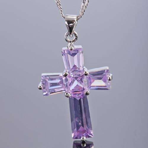 RIZILIA Statement Cross Necklace for Women - Trapezoid Square Cut Multi Birthstone Color Options - 18K White Gold Plated Jewel-Encrusted Pendant, 18"+2" Chain - Gift Boxed for Her, Mother Birthday - Image 3