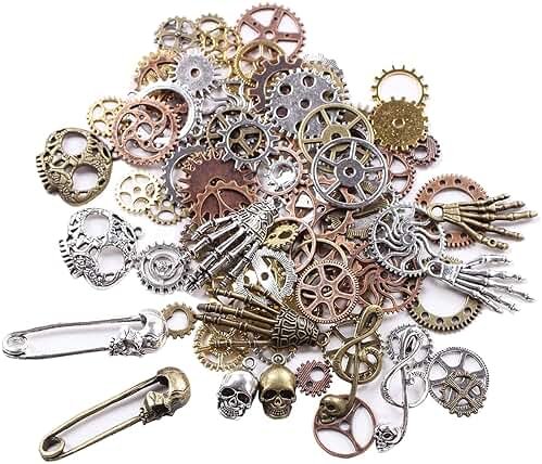 BIHRTC 140 Gram (Approx 92pcs) DIY Assorted Color Antique Metal Steampunk Watch Gear Cog Wheel Skull Musical Note Skull Hand Safety Pin Charms Pendant for Crafting, Jewelry Making Accessory - Product Image