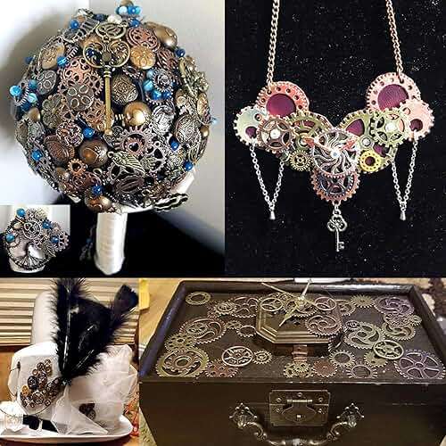 BIHRTC 140 Gram (Approx 92pcs) DIY Assorted Color Antique Metal Steampunk Watch Gear Cog Wheel Skull Musical Note Skull Hand Safety Pin Charms Pendant for Crafting, Jewelry Making Accessory - Image 6