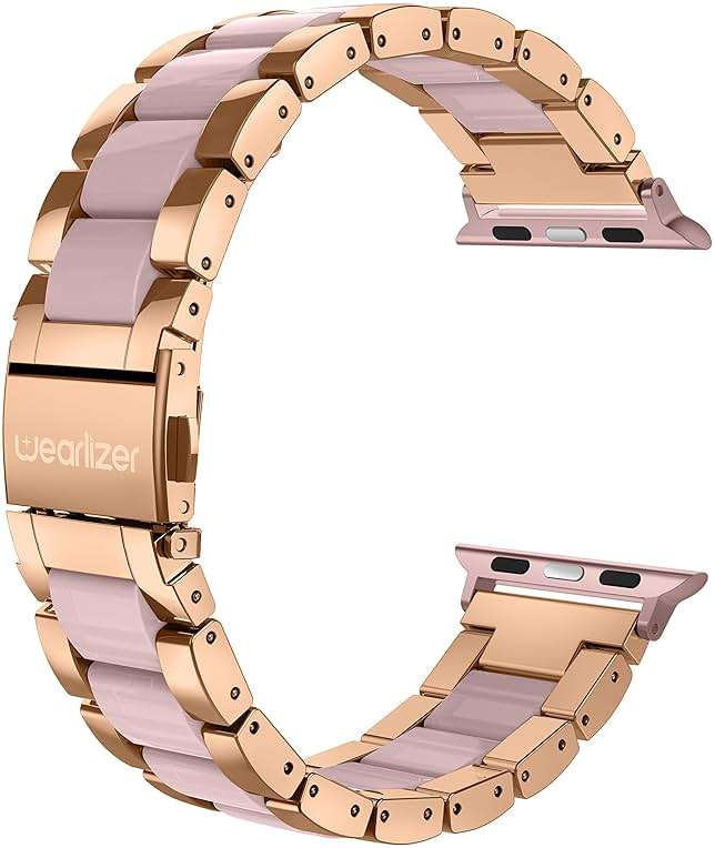 Wearlizer Compatible with Apple Watch Band 38/40/41/42mm Fashion Wristbands Women, Stainless Steel + Resin Metal Replacement for iWatch Series 11 10 9 8 7 6 5 4 3 SE/Ultra 3 2 1-Dark Rose Gold+Pink - Image 1