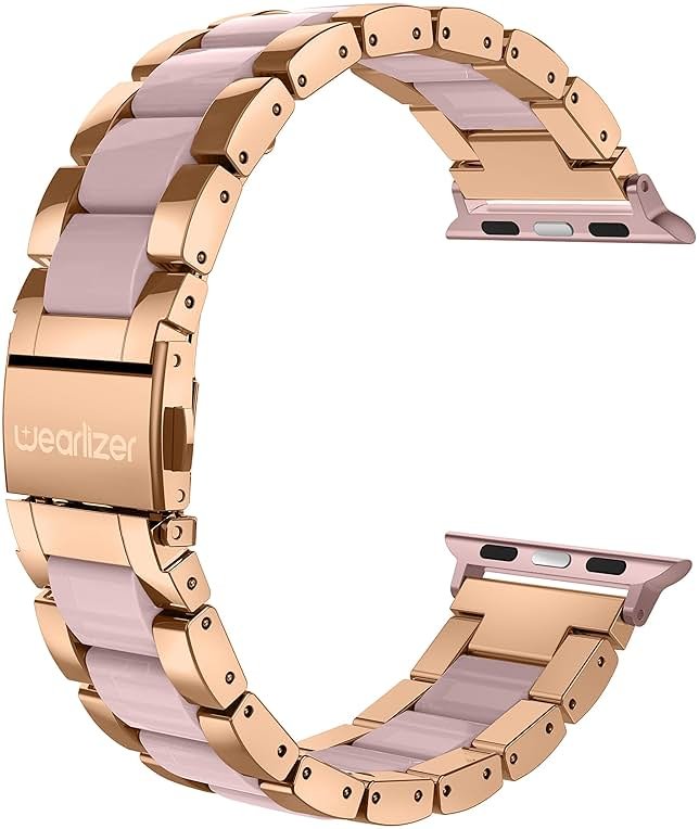 Wearlizer Compatible with Apple Watch Band 38/40/41/42mm Fashion Wristbands Women, Stainless Steel + Resin Metal Replacement for iWatch Series 11 10 9 8 7 6 5 4 3 SE/Ultra 3 2 1-Dark Rose Gold+Pink - Product Image