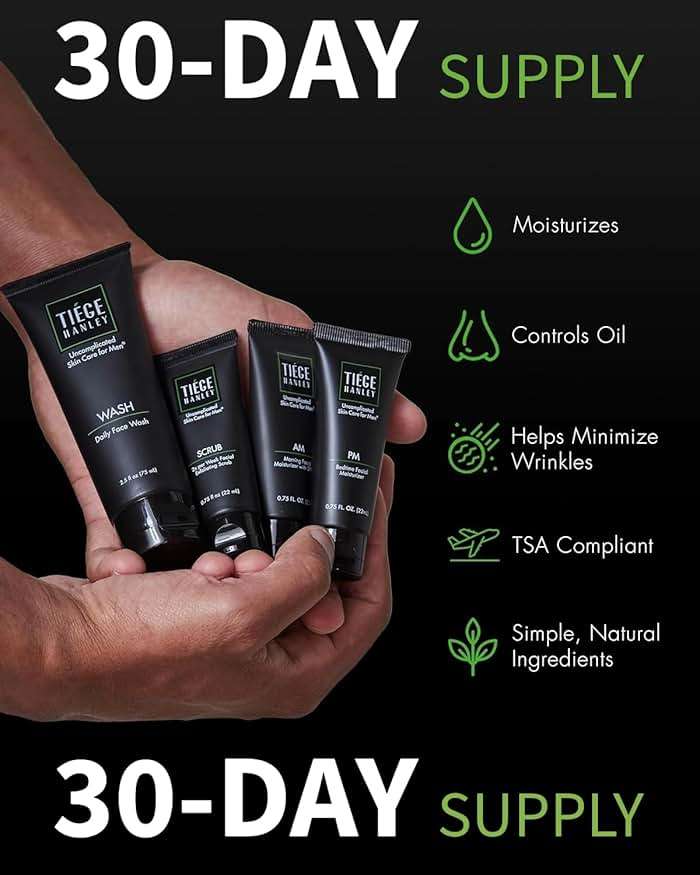 Tiege Hanley Skin Care Set for Men, Essential Routine, System Level 1, Daily Face Wash, Facial Scrub, Moisturizer With SPF, and Night Cream for Healthy, Hydrated Skin, Men’s Skin Care, 4 Piece Kit - Image 2