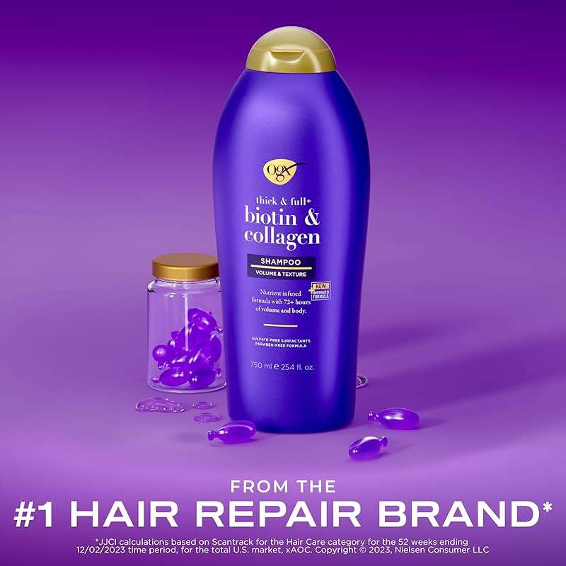 OGX Thick & Full + Biotin & Collagen Volumizing Shampoo, Nutrient-Infused Hair Shampoo with Vitamin B7 Biotin Gives Hair Volume & Body for 72+ Hours, Sulfate-Free Surfactants, 25.4 fl. oz - Image 2