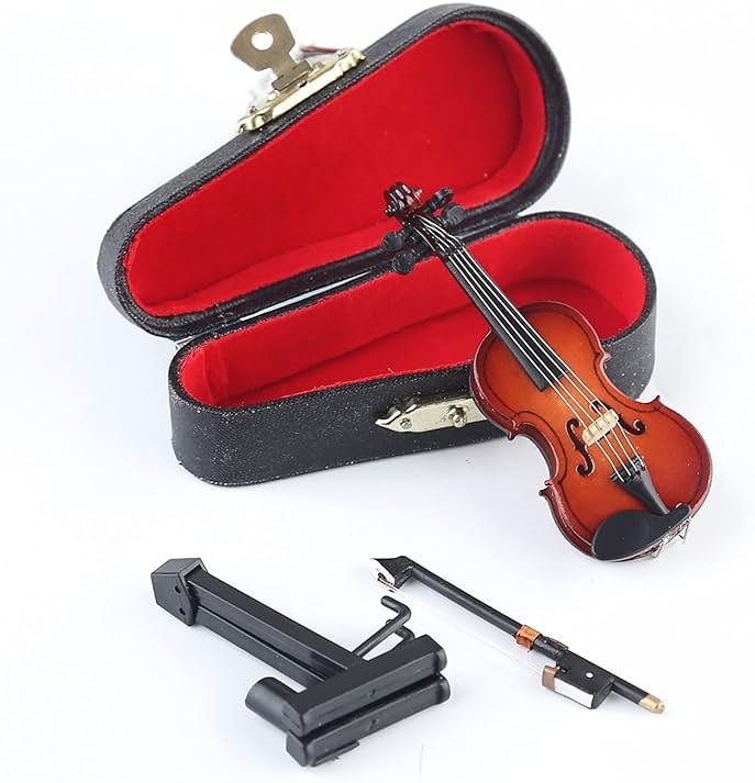 Dselvgvu Wooden Miniature Violin with Stand, Bow and Case Mini Musical Instrument Violin Replica Collectible Figurines Dollhouse Accessories Model Home Decoration Display Ornament (3.15"x1.18"x0.59") - Product Image