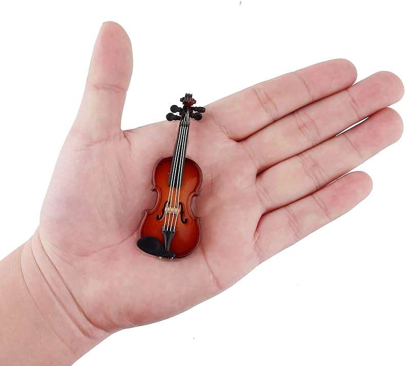 Dselvgvu Wooden Miniature Violin with Stand, Bow and Case Mini Musical Instrument Violin Replica Collectible Figurines Dollhouse Accessories Model Home Decoration Display Ornament (3.15"x1.18"x0.59") - Image 2