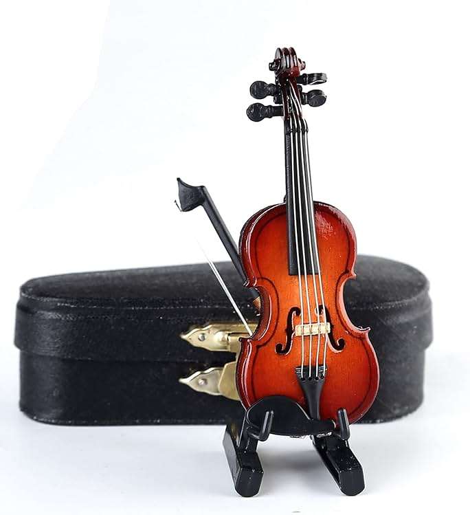Dselvgvu Wooden Miniature Violin with Stand, Bow and Case Mini Musical Instrument Violin Replica Collectible Figurines Dollhouse Accessories Model Home Decoration Display Ornament (3.15"x1.18"x0.59") - Image 3