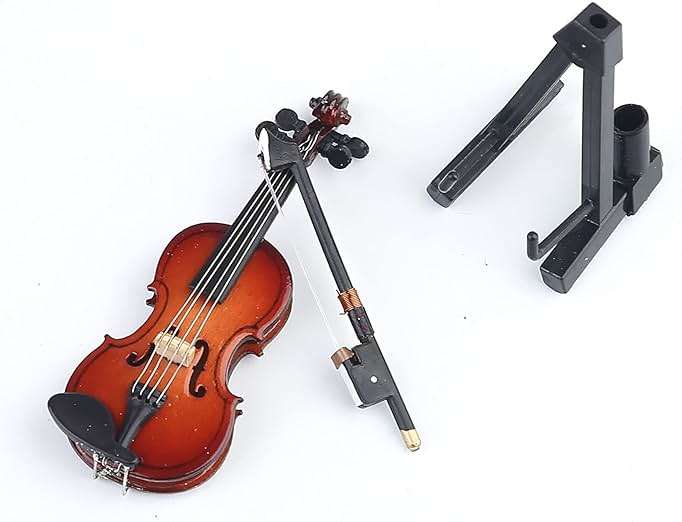 Dselvgvu Wooden Miniature Violin with Stand, Bow and Case Mini Musical Instrument Violin Replica Collectible Figurines Dollhouse Accessories Model Home Decoration Display Ornament (3.15"x1.18"x0.59") - Image 6