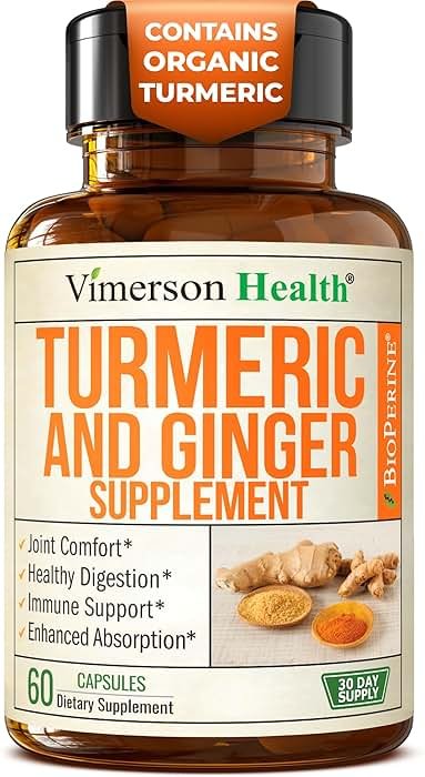Turmeric and Ginger Supplement with Organic Tumeric for Daily Joint Support, Digestive & Immune Health – with Ginger & Black Pepper Extract (BioPerine) for Enhanced Absorption – Non-GMO – 60 Capsules - Product Image