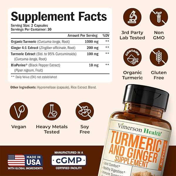 Turmeric and Ginger Supplement with Organic Tumeric for Daily Joint Support, Digestive & Immune Health – with Ginger & Black Pepper Extract (BioPerine) for Enhanced Absorption – Non-GMO – 60 Capsules - Image 2