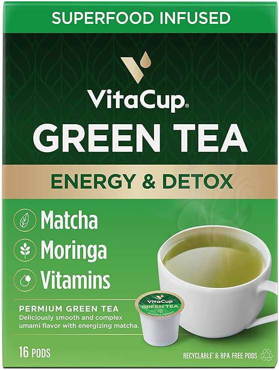 VitaCup Green Tea Pods, Enhance Energy & Detox with Matcha, Moringa, B Vitamins, D3, Keto, Paleo, Vegan, Recyclable Single Serve Pod, Compatible with Keurig K-Cup Brewers,16 Ct - Image 1