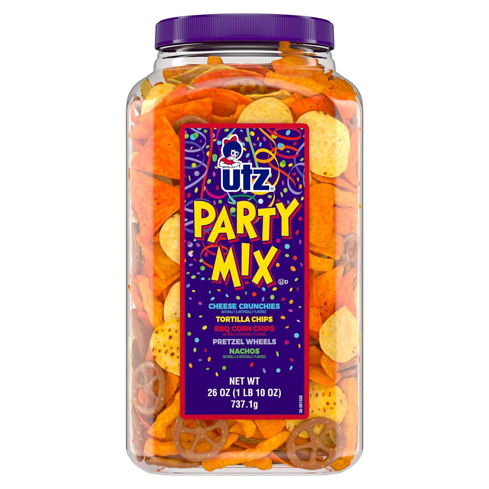 Utz Party Mix - Tasty Snack Mix Includes Corn Tortillas, Nacho Tortillas, Pretzels, BBQ Corn Chips and Cheese Curls, Cholesterol Free and Trans-Fat Free, 1.62 Pound (Pack of 1) - Image 1