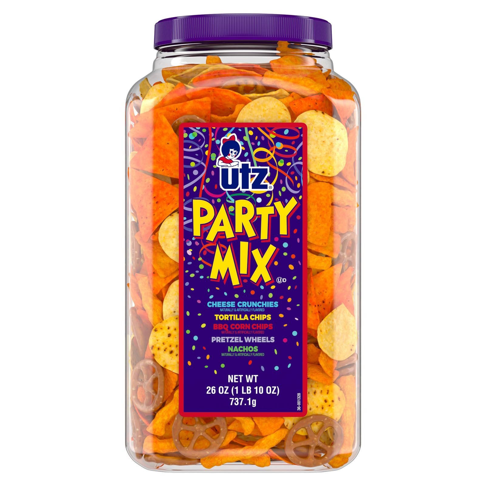 Utz Party Mix - Tasty Snack Mix Includes Corn Tortillas, Nacho Tortillas, Pretzels, BBQ Corn Chips and Cheese Curls, Cholesterol Free and Trans-Fat Free, 1.62 Pound (Pack of 1) - Product Image