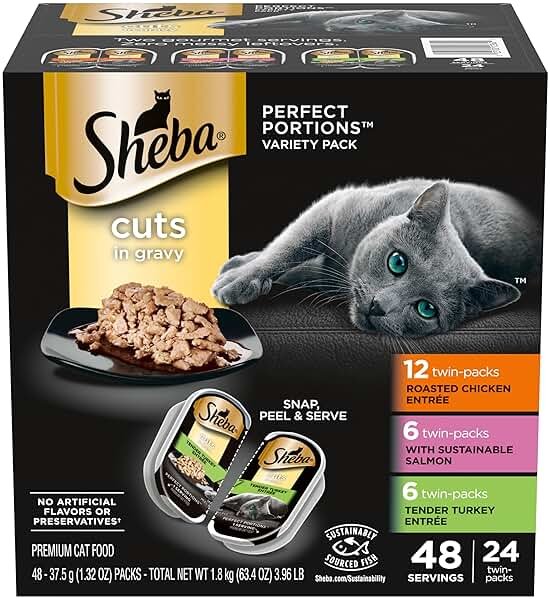 Sheba Perfect Portions Wet Cat Food Cuts in Gravy, Roasted Chicken Entree, with Sustainable Salmon, Tender Turkey Entree, 2.6 oz. Twin-Pack Trays (24 Count, 48 Servings) - Product Image