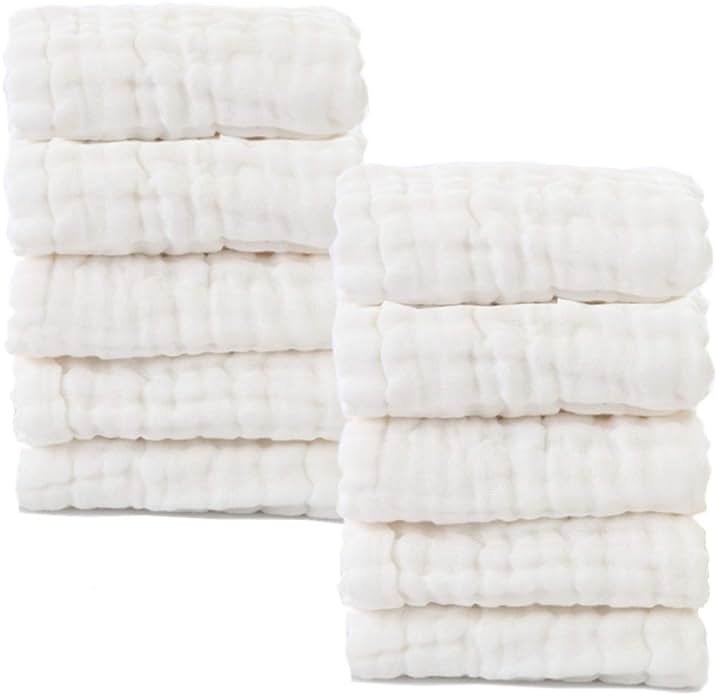 Baby Muslin Washcloths- Natural Cotton Wipes - Soft Newborn Face Towel for Sensitive Skin- Registry as Shower, 10 Pack 12x12 inches by MUKIN (White) - Product Image