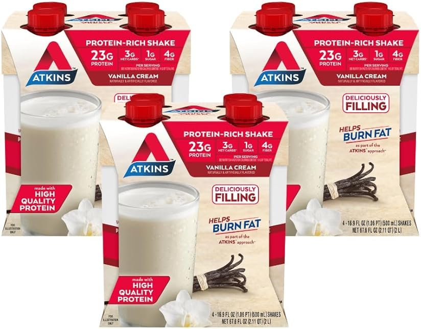 Atkins Vanilla Cream Meal Size Protein Shake, 23g Protein, Low Glycemic, 3g Carb, 1g Sugar, Keto Friendly - Product Image
