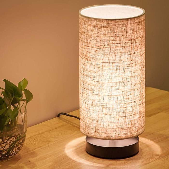 lifeholder Table Lamp, Bedside Nightstand Lamp, Simple Desk Lamp, Fabric Wooden Table Lamp for Bedroom Living Room Office Study, Cylinder Black Base - Product Image