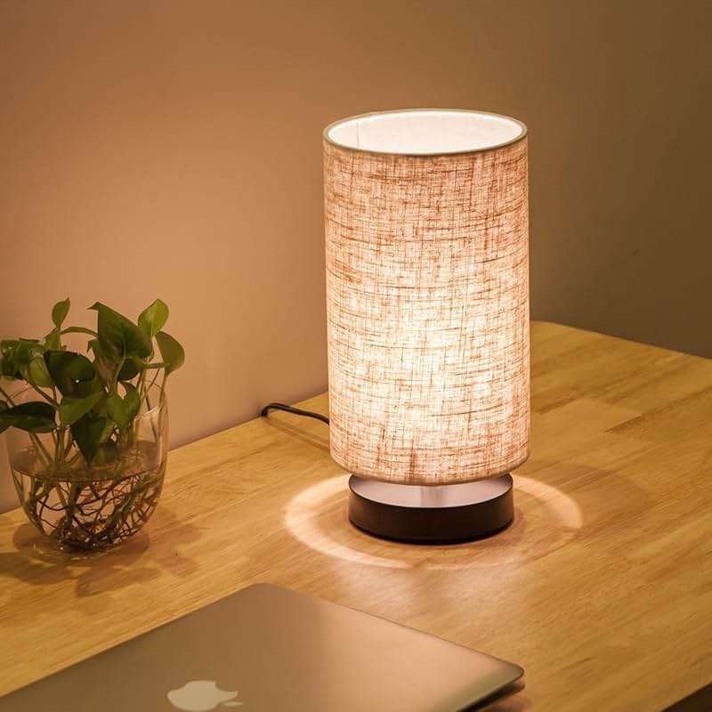 lifeholder Table Lamp, Bedside Nightstand Lamp, Simple Desk Lamp, Fabric Wooden Table Lamp for Bedroom Living Room Office Study, Cylinder Black Base - Image 3